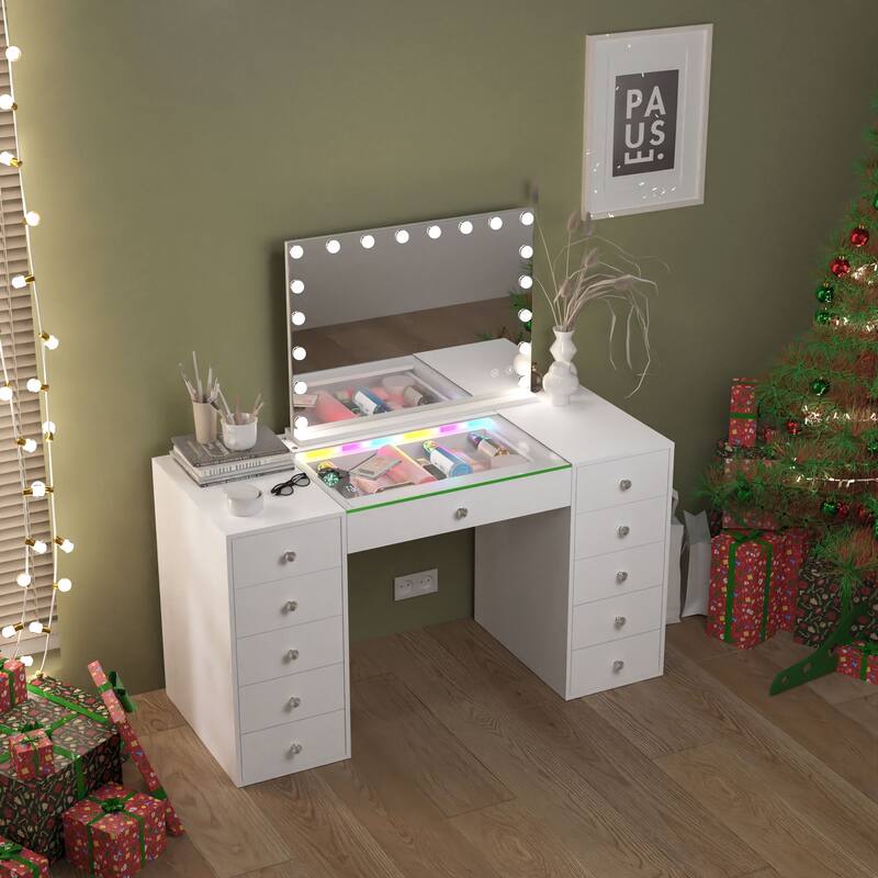 Bedroom Vanity Desk with RGB LED Light Strip, Glass Top Makeup Dressing Table with 11 Drawers