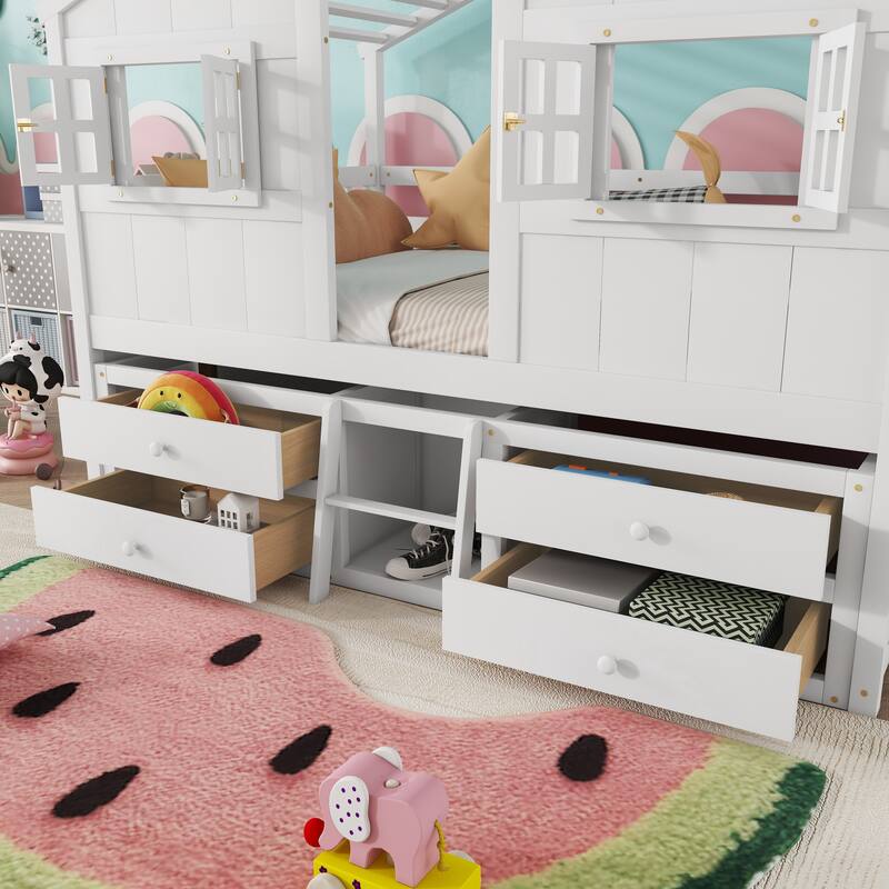 Wood Full Size House Loft Bed with Roof, Windows,4 Storage Drawers