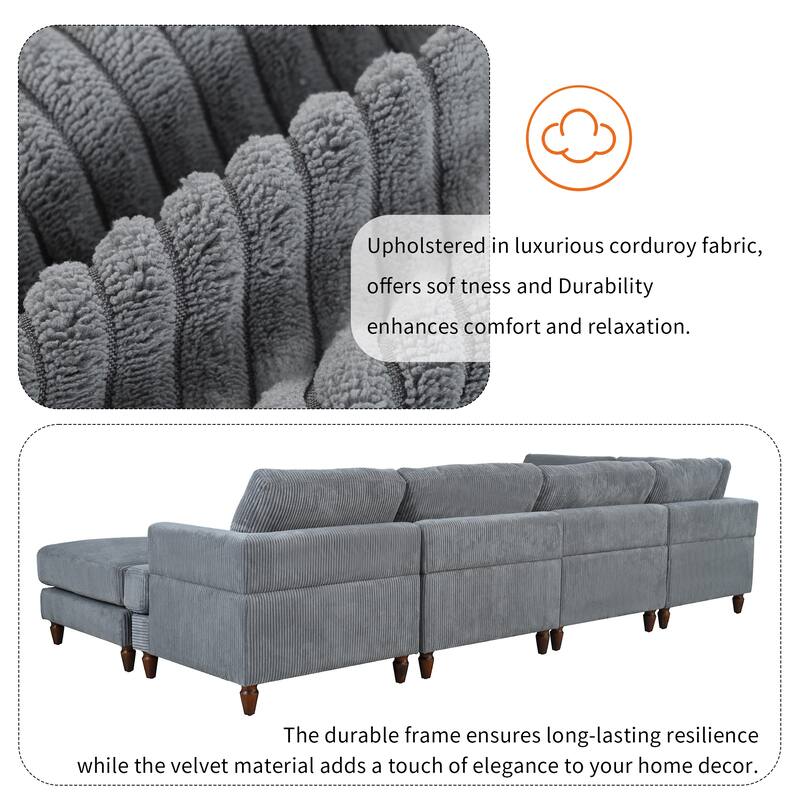 L Shaped Modular Sectional Sofa with Ottoman, Corduroy Upholstered Sleeper Sofa Bed, Corner Sectional Couch with Wooden Legs