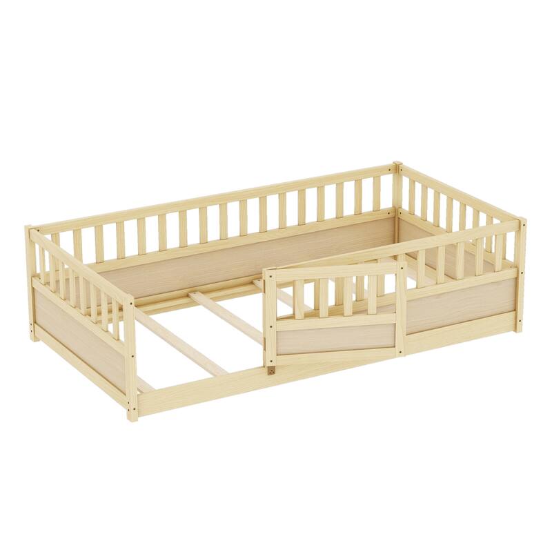 Children's Twin Floor Bed with Safety Guardrails & Door, Montessori Wooden Bed Frame for Bedroom Play Area