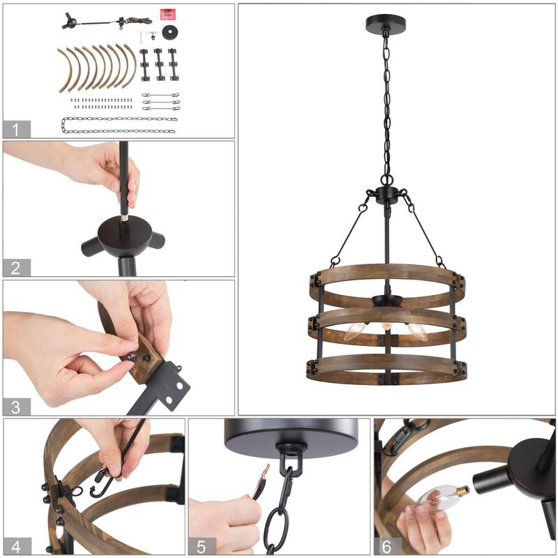 Rustic 3-Light Wood Drum Chandelier Farmhouse Airy Kitchen Island Pendant Light - Dia.15.5"xH21.5"