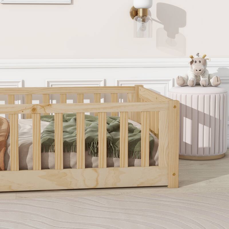 Floor Platform Bed With Fence And Door - Natural