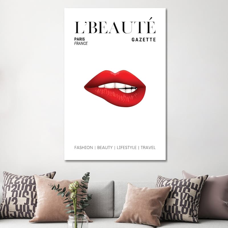 iCanvas "L'Beaute Beauty Magazine Cover With Red Lipstick On Bitten Lips" by Design Harvest Canvas Print