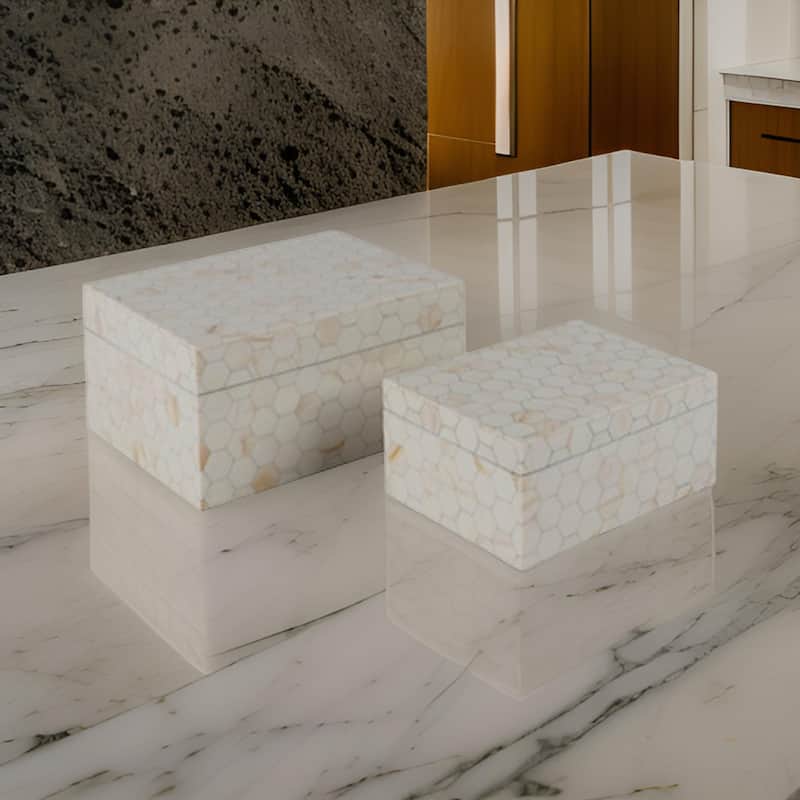 Alia Decor Storage Box Set of 2, Rectangular, Geometric White Wood Tones