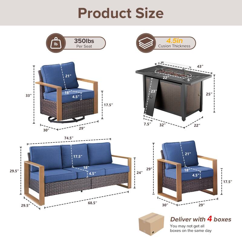 Meyreso Wicker Outdoor Patio Metal Fire Pit Set with Swivel Gliders and Olefin Cushions