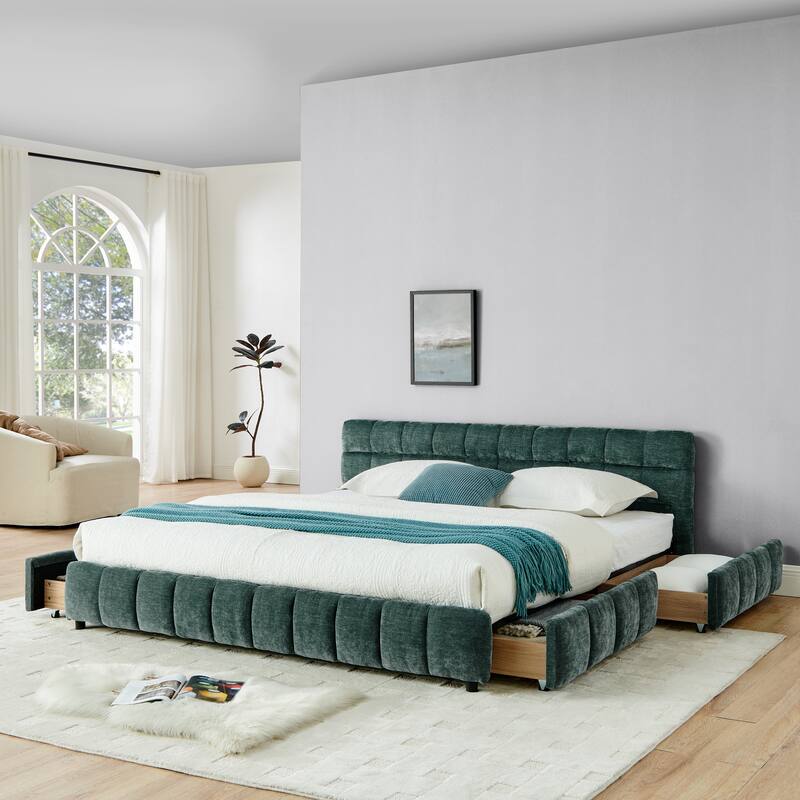 Block Thick Chenille Low Profile Platform Bed Fabric Upholstered Bedframe with Headboard Solid Wood Frame - Optional Storage Bed