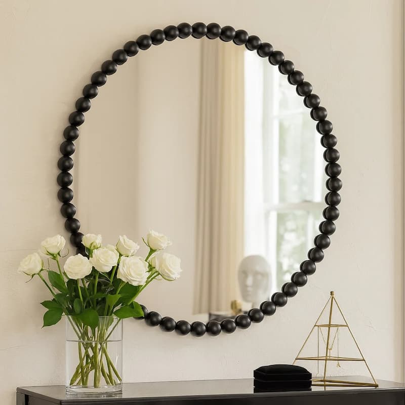 Emu 32 Inch Modern Round Wall Mirror, Beaded Black Metal Accent Frame