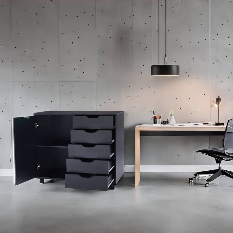 Wooden 5-Drawer Office Storage Cabinet with Extra Shelf and 360° Mobility for Effortless Organization