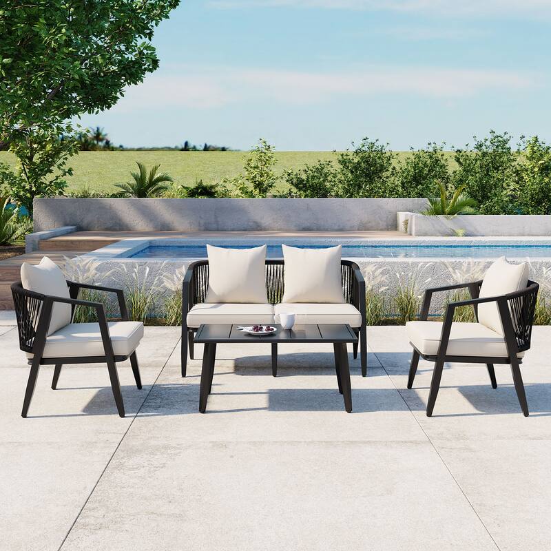Outdoor Metal Chairs with Iron Table for Patios (Set of 4) - Beige