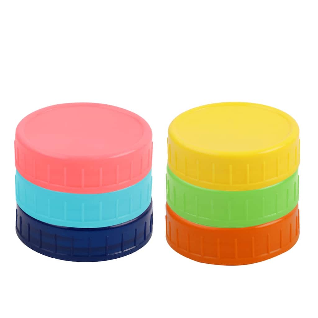 6 Pcs Plastic Mason Jar Lids Regular Mouth Mason Canning Jars Cup - Green,Royal Blue,Sky Blue,Yellow,Pink,Orange - 6 Pcs