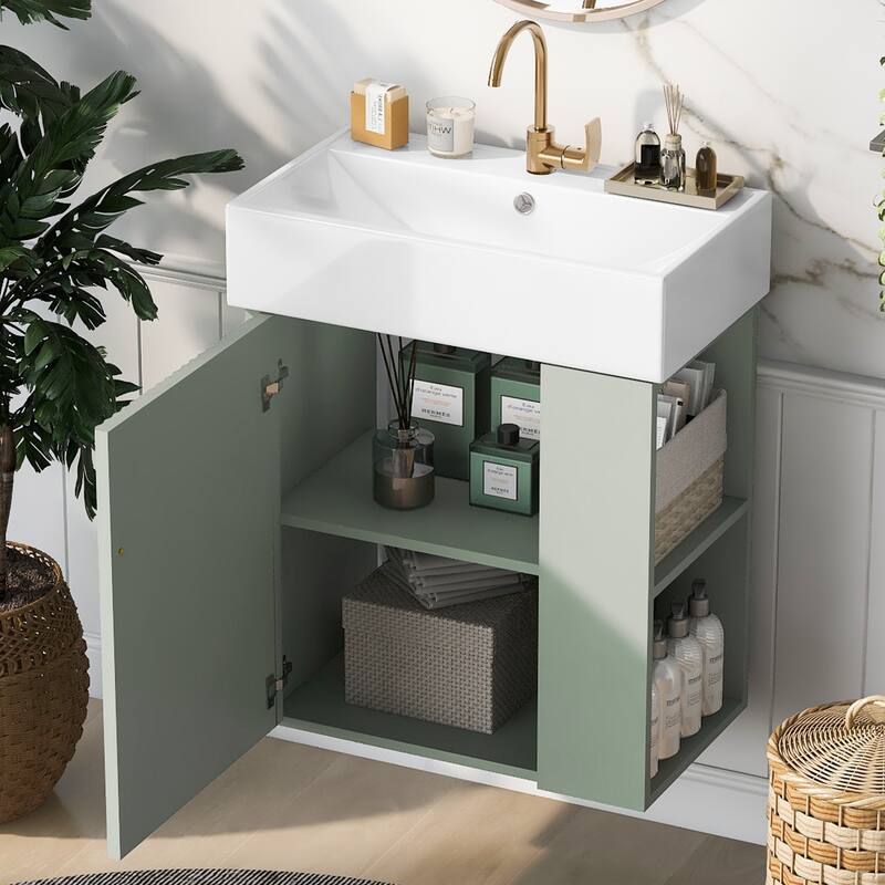21.6 inch Floating Bathroom Vanity with Ceramic Basin - Perfect for Small Bathrooms, Right side storage