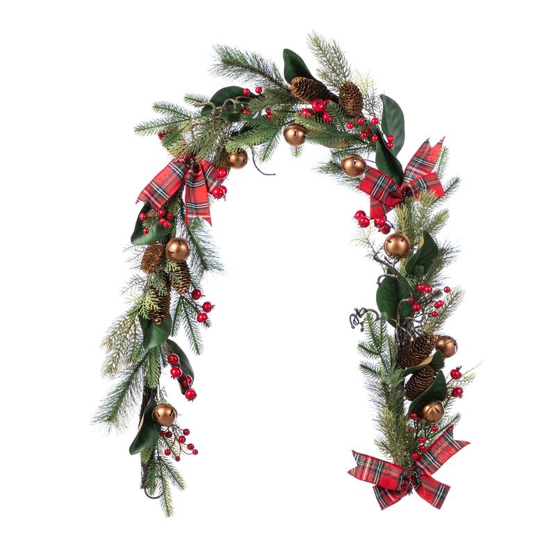 Glitzhome Christmas Bell Pinecone & Berry Bow Wreath Teardrop Garland Wall Decor
