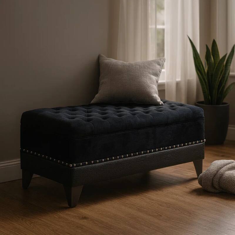 Leatherette Storage Bench with Nailhead Trims and Button Tufted Seat, Black