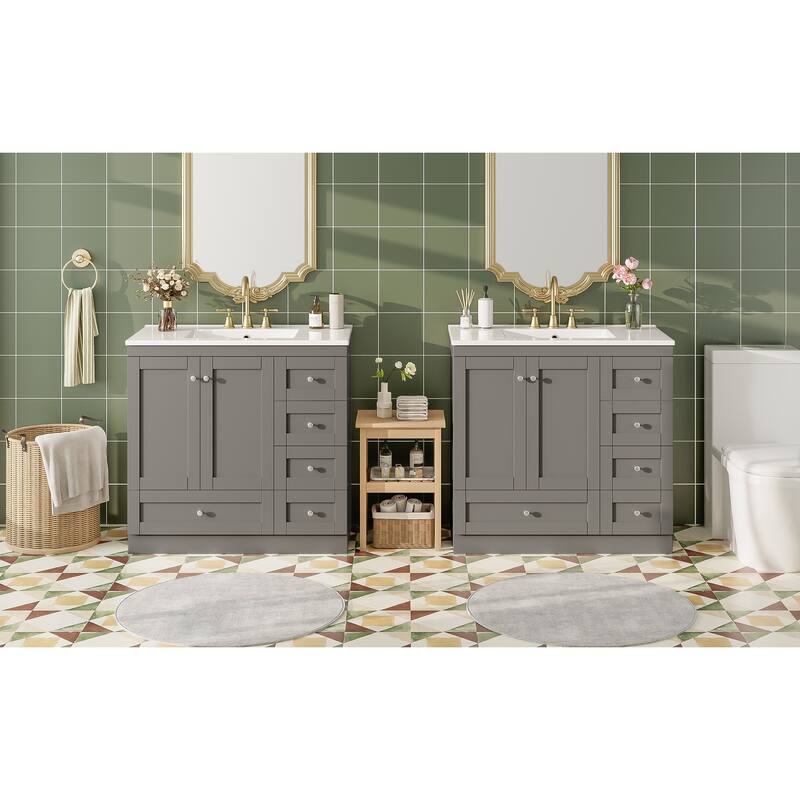 GDFStudio - Natura Shaker Style Double Ceramic Sink Freestanding Bathroom Vanity Set with Soft-close Drawers and Doors, Set of 2