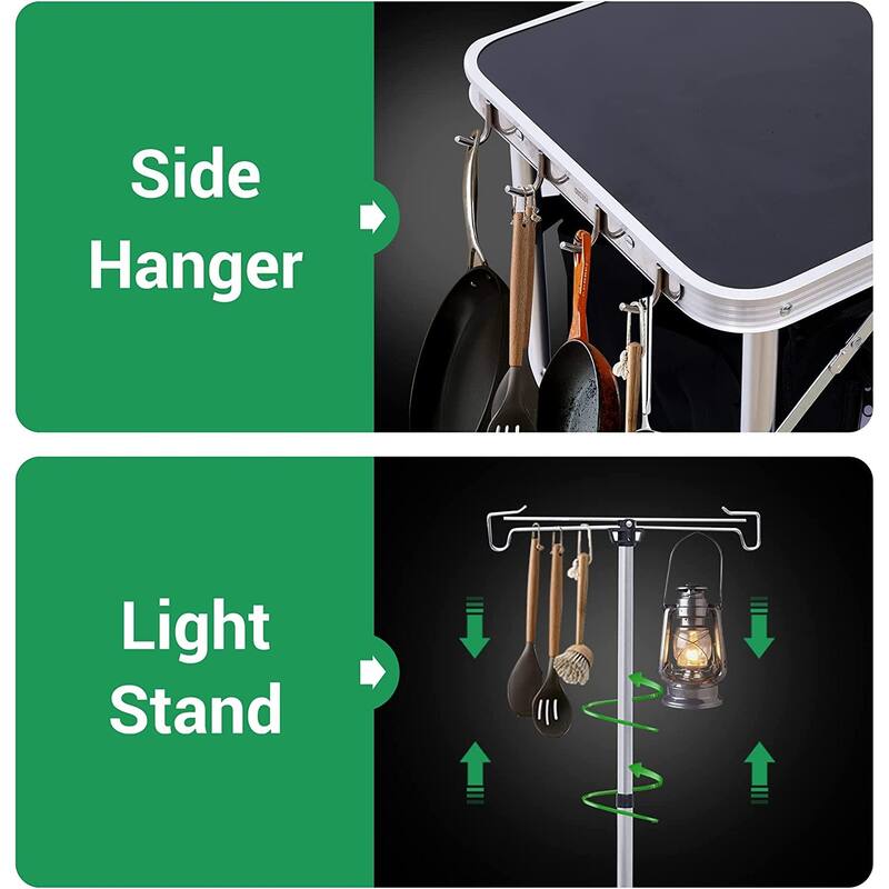 Folding Kitchen Camping Table, Portable and Aluminum Cooking Station Outdoor Table w/Storage and Light Stand
