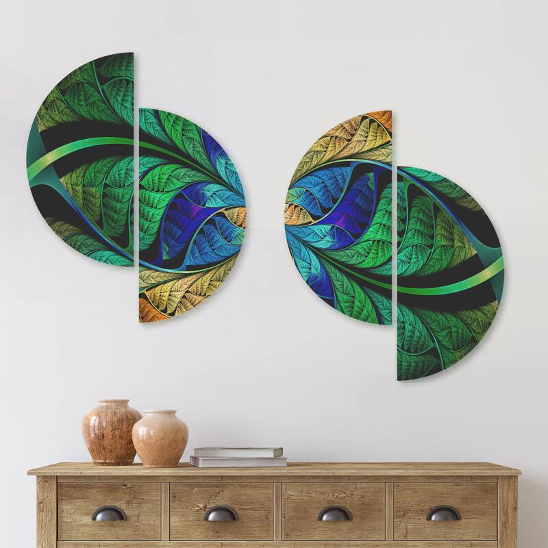 Designart 'Blue Green Fractal Flower Petals' Abstract Wood Wall Art Set