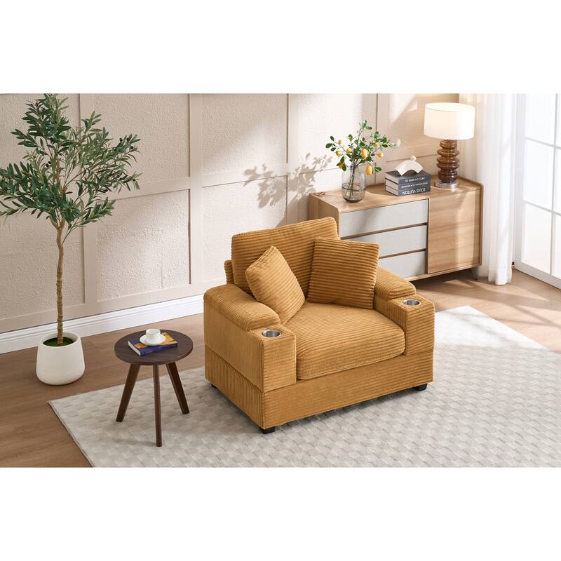 Corduroy Upholstered Chaise Lounge Sofa With Handrail Storage,Movable Ottoman,Cupholders,Detachable Cushions Deep Seat