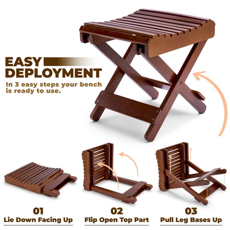 Bamboo Wooden Folding Step Stool Bench for Shower Foot Rest Bath Chair - 25" L x 19.5" W x 6" H