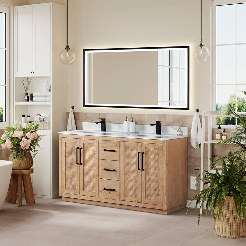 Floral Single Bathroom Vanity in Light Brown with Calacatta White Quartz Countertop with Mirror - 60inch