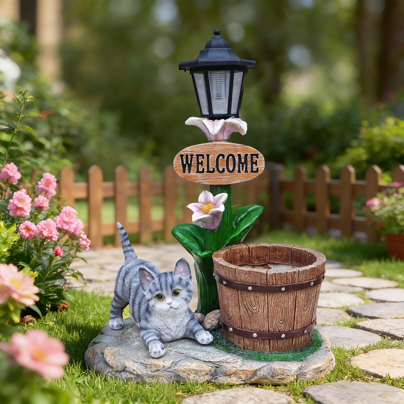 GDFStudio - Lying Cat Solar Planter Statue Resin Outdoor Garden Decor with LED Light