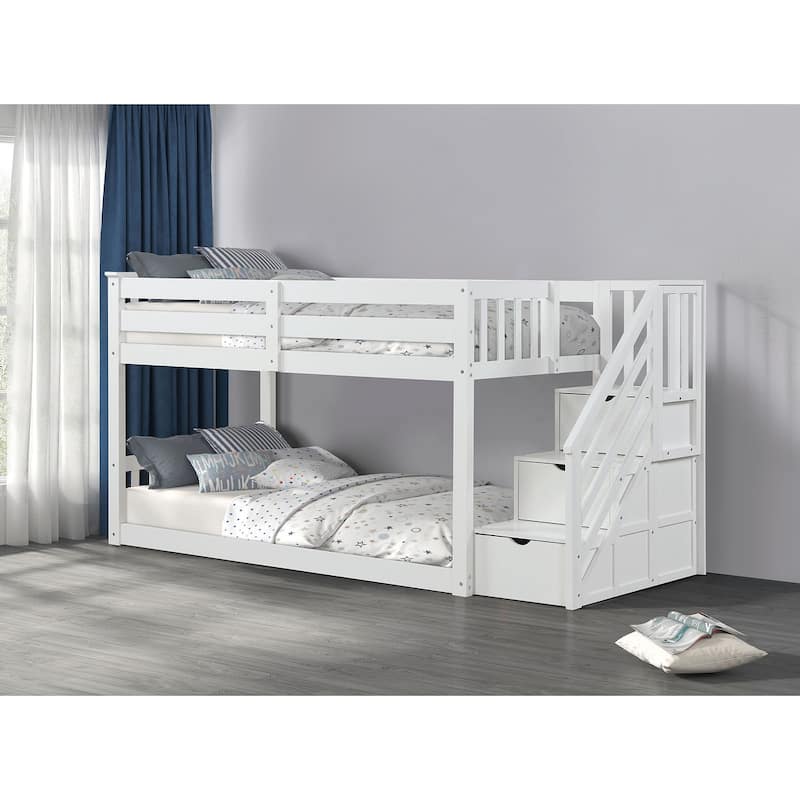 Twin Over Twin Low Bunk Bed with Reversible Storage Drawers and Staircase
