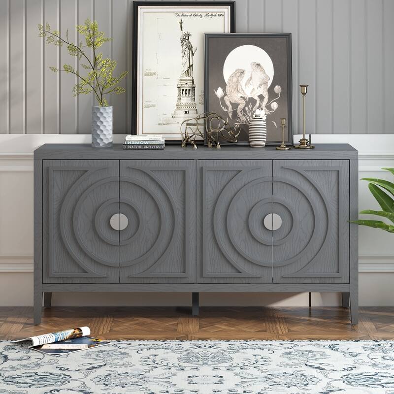 Retro Sideboard with Circular Groove Design Metal Handle - Grey