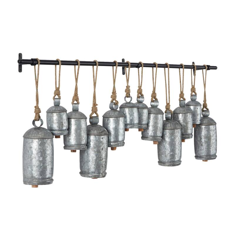 Bronze or Gray Metal Tibetan Inspired Decorative Cow Bell with Jute Hanging Rope and Rod