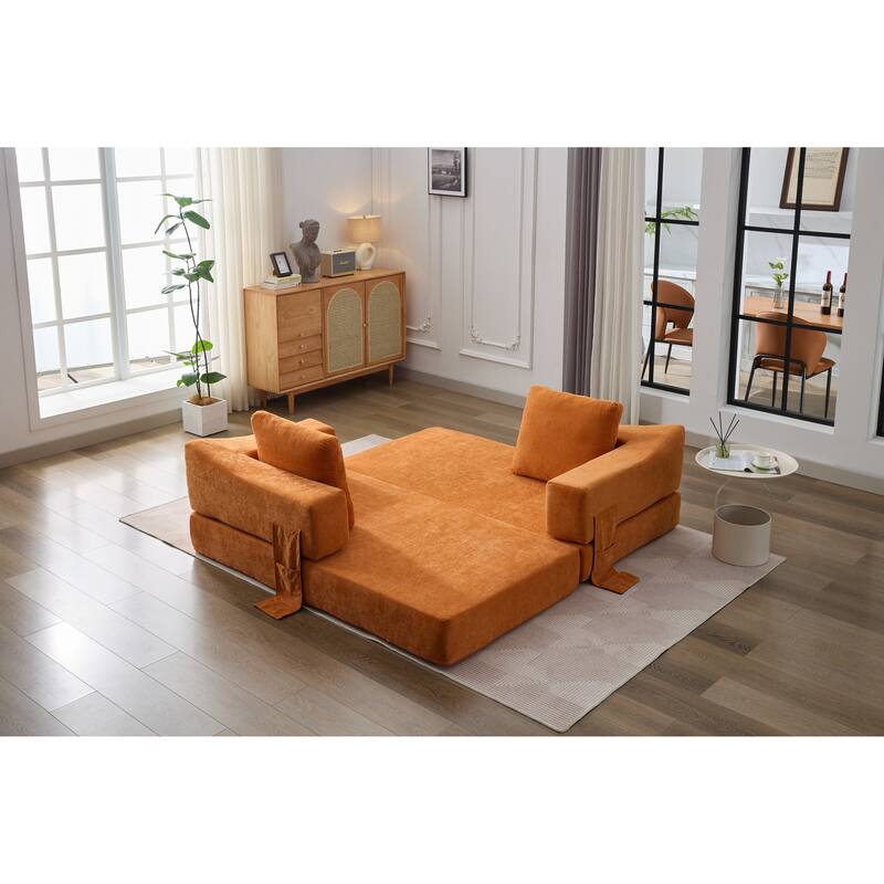 Modern Minimalist Orange Chenille Fold-Out Sofa Bed, Convertible Chair Floor Couch