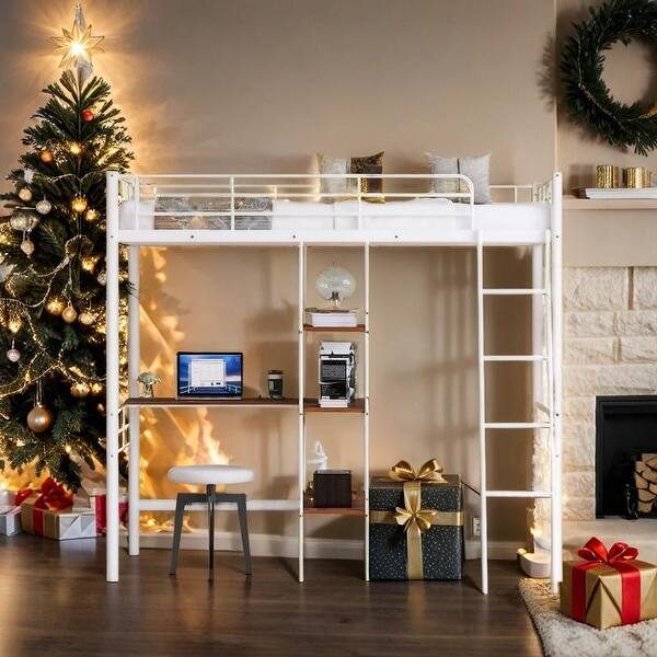 slide 2 of 15, Artsy Twin Size Metal Loft Bed and Built-in Desk and Shelves, White White