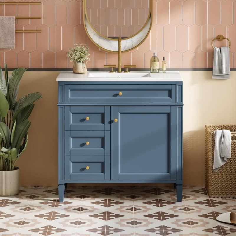 36" Bathroom Vanity with Top Ceramic Sink, 2 Drawers and a Tip-out Drawer