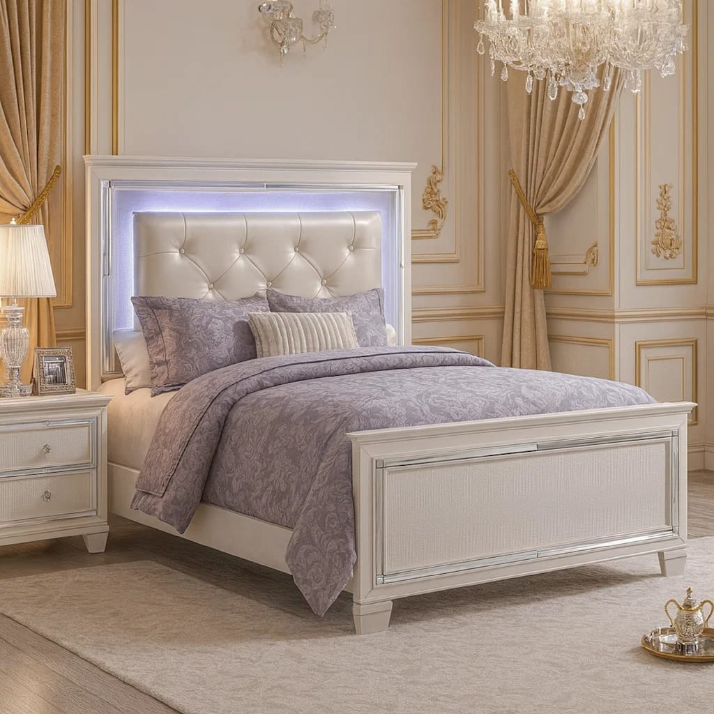 Noah California King Bed, LED Backlit Crystal Tufted Headboard, White