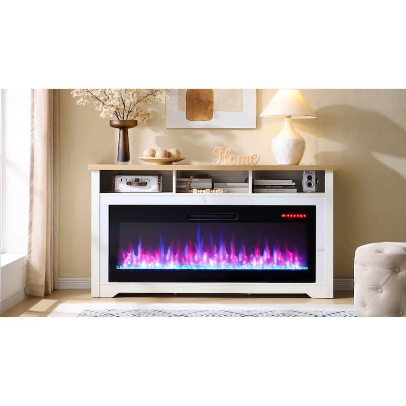 Farmhouse Fireplace TV Stand for TVs up to 80", Media Console Table with 60" Smart Electric Fireplace, White