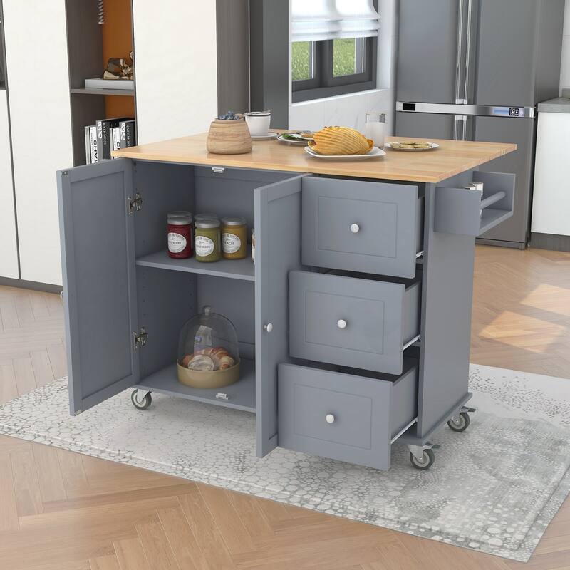 Rolling Mobile Kitchen Island with Drop Leaf - Solid Wood Top - Blue+Grey