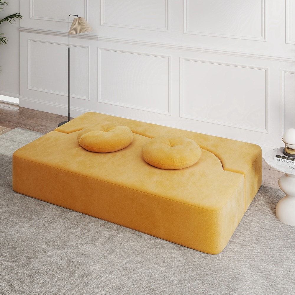 Modern Floor Sofa with 2 Pillows,Convertible Plush Corduroy Foam-Filled Sleeper Sofa Bed
