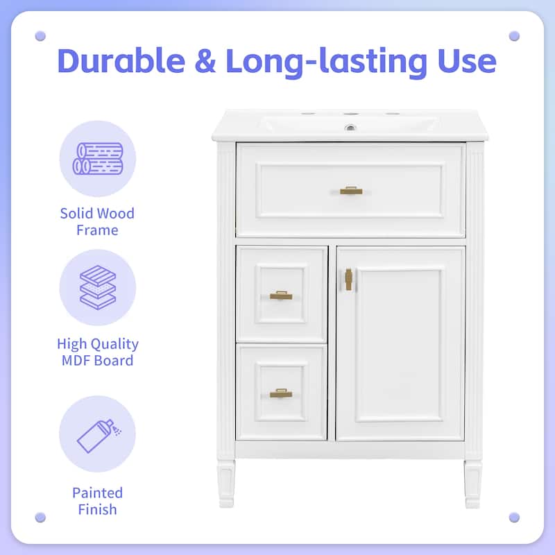 24 Inch Bathroom Vanity with Sink, Flip Drawer and Two Soft-Close Drawers
