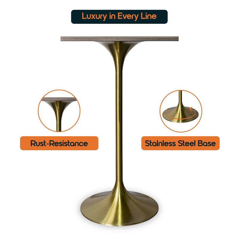 Verve 43 in. Tall Bar Height Dining Table Square MDF Wood Tabletop in Gold Stainless Steel Pedestal Base Accent Bar Table