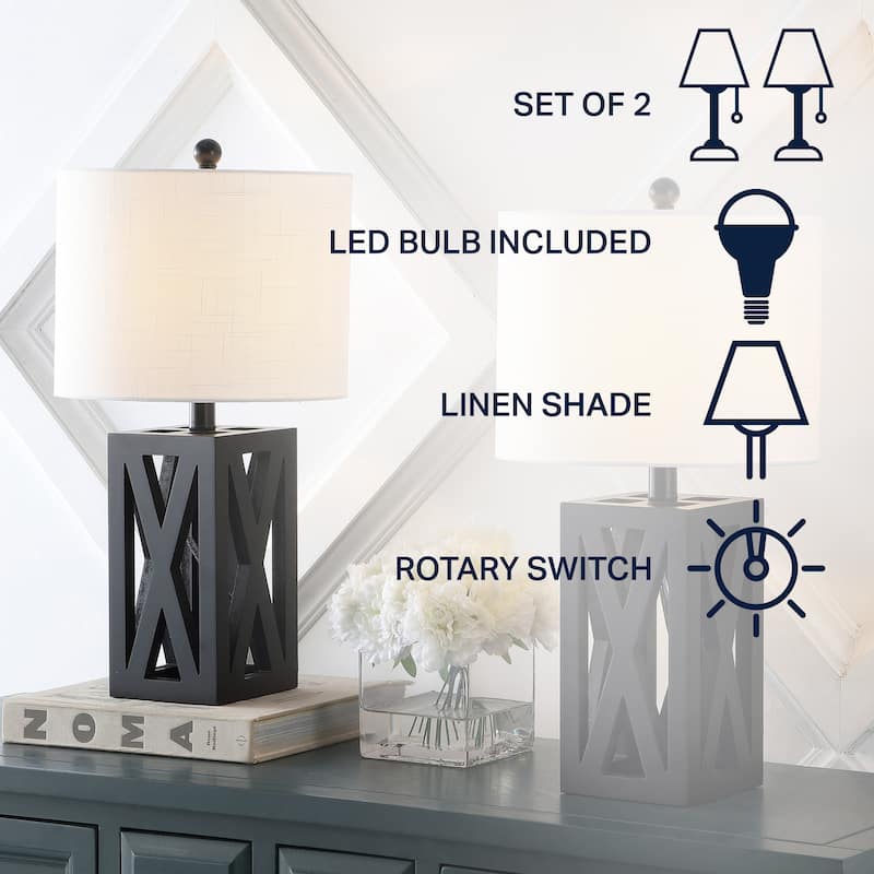 Ibiza 21.5" Farmhouse Wood LED Table Lamp, Brown (Set of 2), by JONATHAN Y