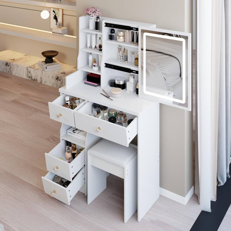 Vanity Desk with Touch Control Sliding LED Mirror, Large Capacity Dressing Table Set, Makeup Table with Cushioned Stool