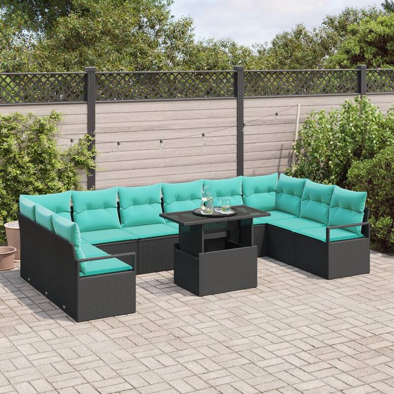 vidaXL 11 Piece Garden Sofa Set with Cushions Black Poly Rattan - 135.4×69.7×27.2