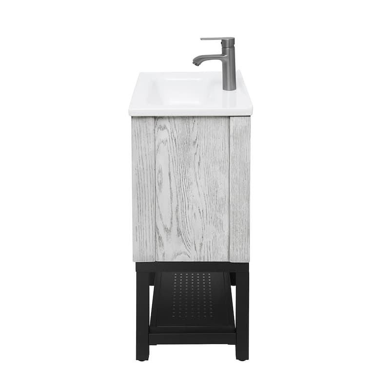 GDFStudio - CompactLine Modern Freestanding Bathroom Vanity with Ceramic Sink and Open Metal Shelf - 20 Inch