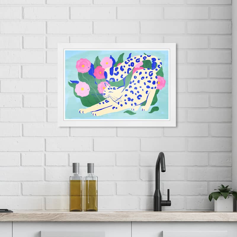"Cat Yoga", Wild Cat Garden Modern Blue Framed Wall Art Print for Bedroom