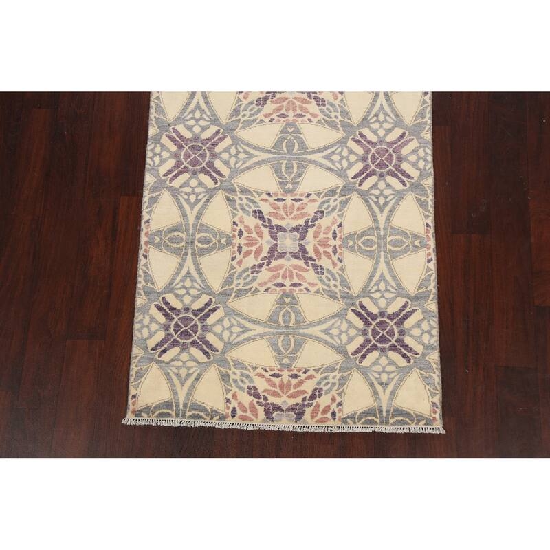 Vegetable Dye Abstract Oriental Staircase Wool Runner Rug Hand-knotted - 3'2" x 9'11"