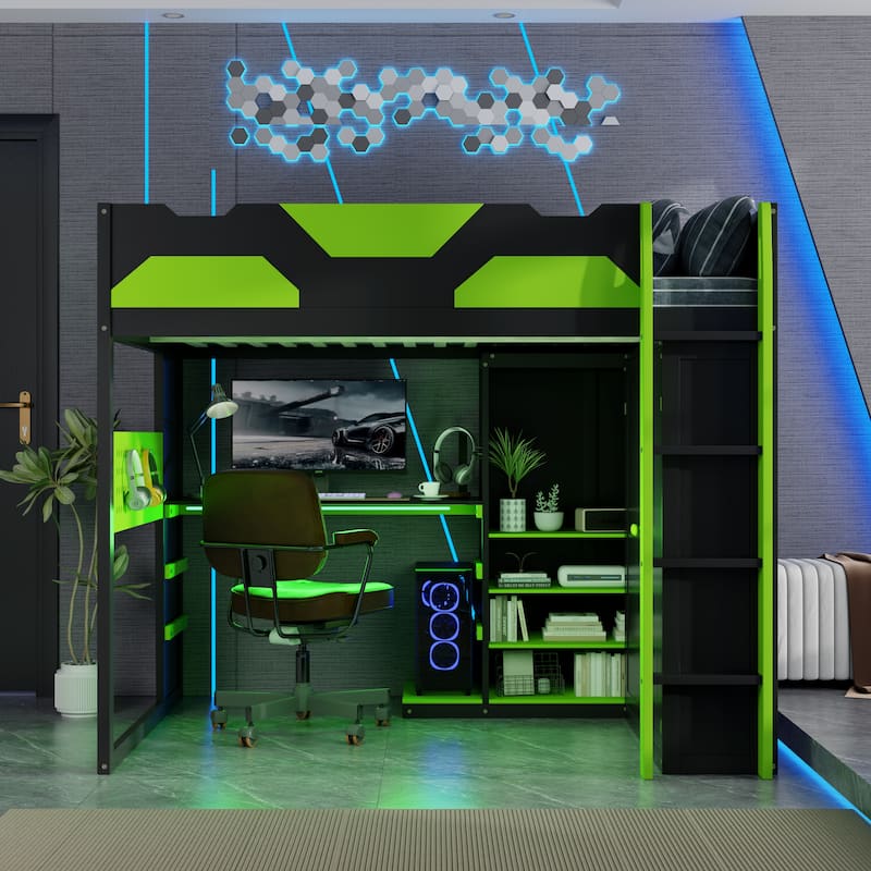 All-in-one Esports Gaming & Work Loft Bed with Adjustable Desk, LED, Charging Station, Pegboard, Storage Shelves and Wardrobe