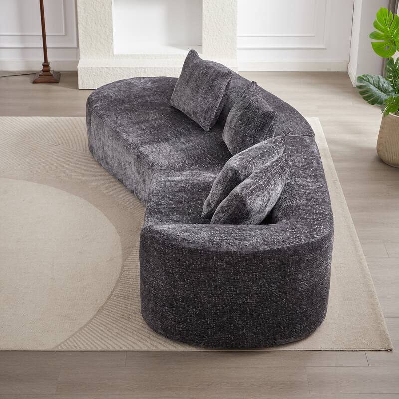 Curved Upholstered Loveseat Sofa Chenille Cloud Couch 4-Seater Chaise Lounge with 4 Throw Pillows for Living Room Recliner