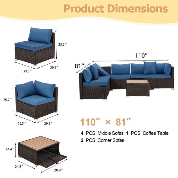 dimension image slide 7 of 9, EROMMY 6/7 Piece Modular Outdoor Rattan Sofa Set, All-Weather Wicker Patio Furniture with Storage Table, Cushions & Pillows