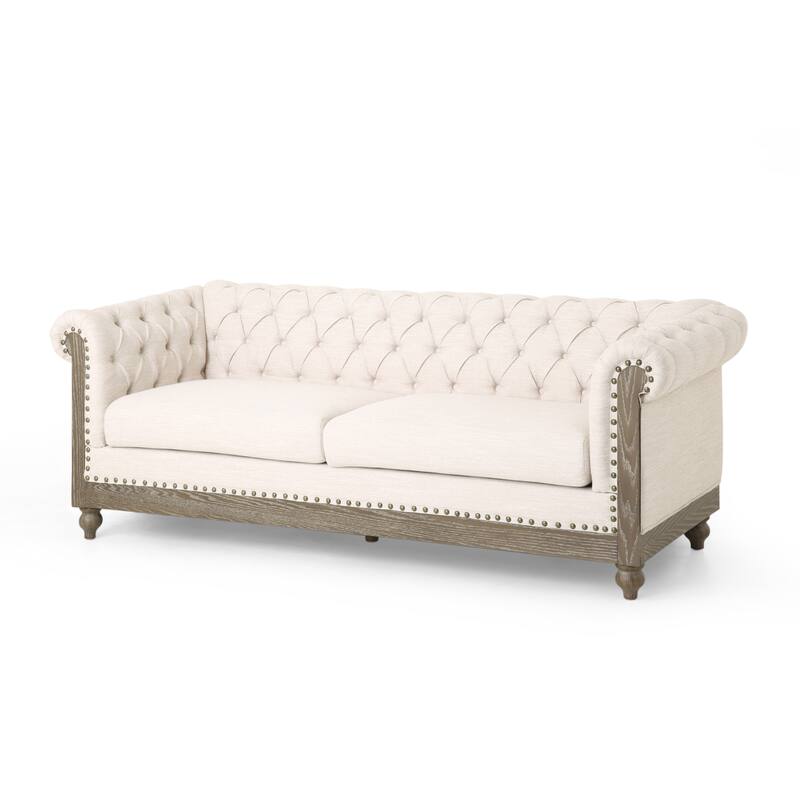 Chesterfield 3 Seater Sofa with Rolled Arms, Tufted Button Deep Seat Sofa, Comfy Straight-Row Sofa with Wooden Legs