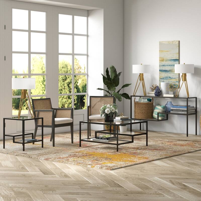 32-Inch Glass Square Coffee Table with Steel Base and Storage Shelves - 32” x 32” x 17”