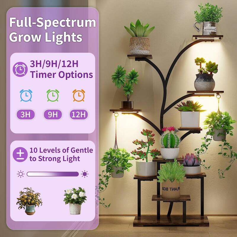VECELO Indoor Plant Stand with Grow Lights 4 Styles 6/7/9 Shelves Adjustable Timer & Brightness Decorative Rack for Living Room