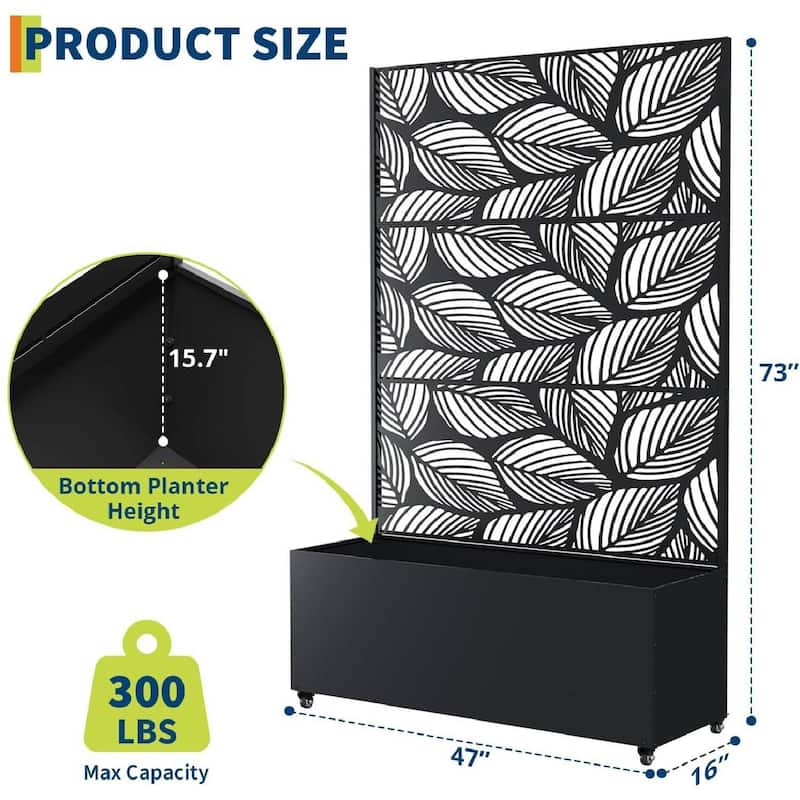 Metal Privacy Screen Planter Box, Raised Garden Bed for Climbing Plants, Veggies, Birch Leaf Style With Wheels