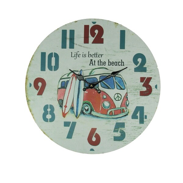 Weathered White Wood Vintage Surfer Bus Wall Clock - 15.75 X 15.75 X 1.25 inches